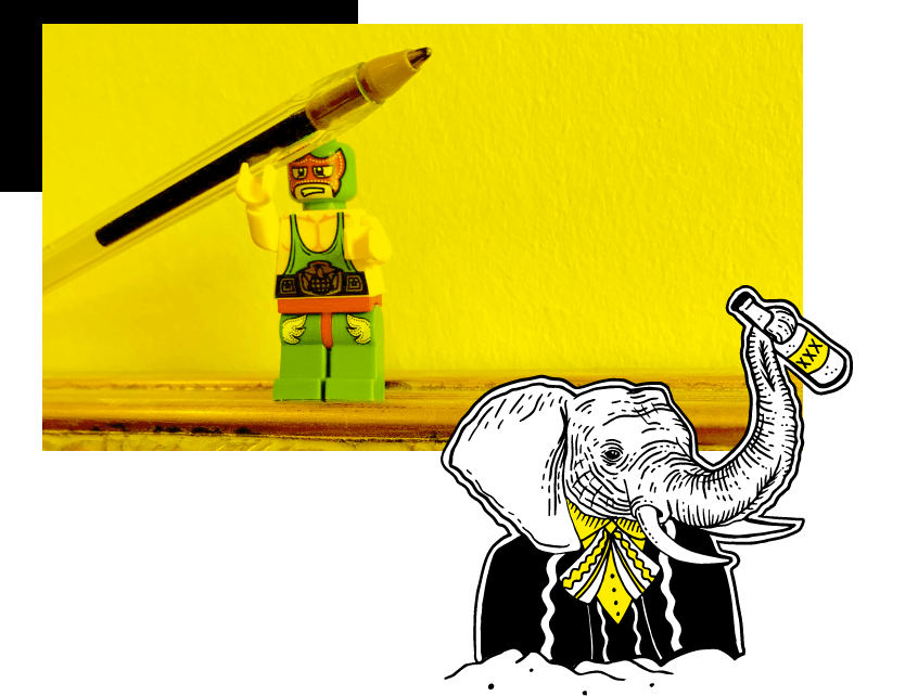 Photograph of a Lego wrestler and illustration of an elephant