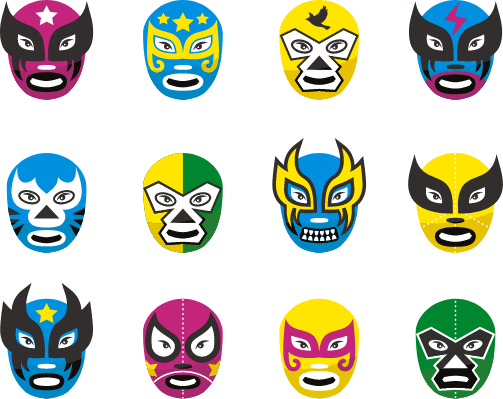 Illustration of twelve wrestler masks