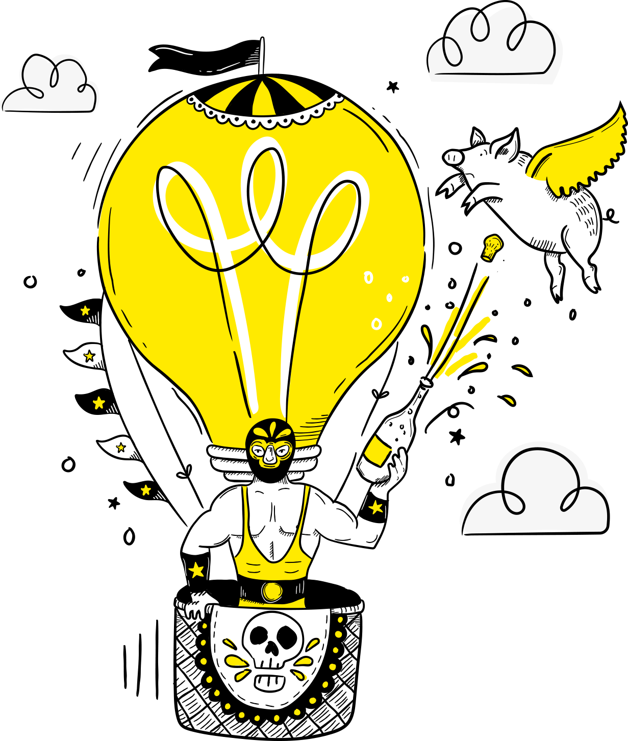 Illustration of a wrestler in a hot air balloon