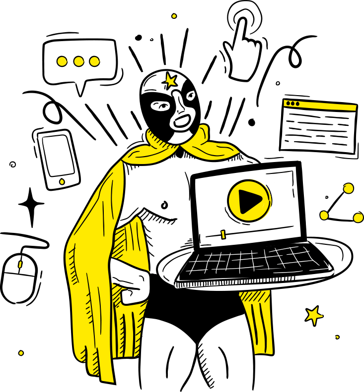 Illustration of a wrestler holding a laptop computer