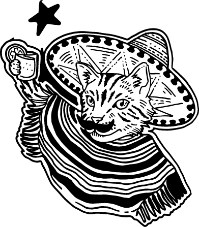 Illustration of a cat wearing a Mexican hat and poncho