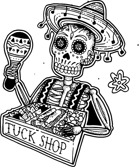 Illustration of a Mexican style skeleton selling food