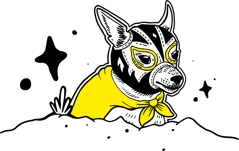 Illustration of a dog wearing a wrestling costume