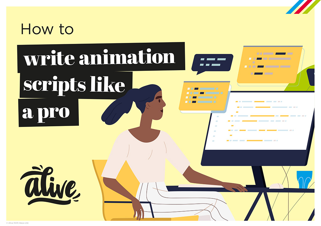 PDF document with an image of a lady at a computer screen, with writing on it: the info contained in the PDF is a how to write animation scripts guide that covers everything about defining your key messages, structuring your story and fine tuning your tone to achieve success.