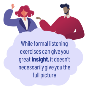 Main image: A man and a women standing over a cloud bubble with the wording 'While formal listening exercises can give you great insight, it doesn’t necessarily give you the full pictur'