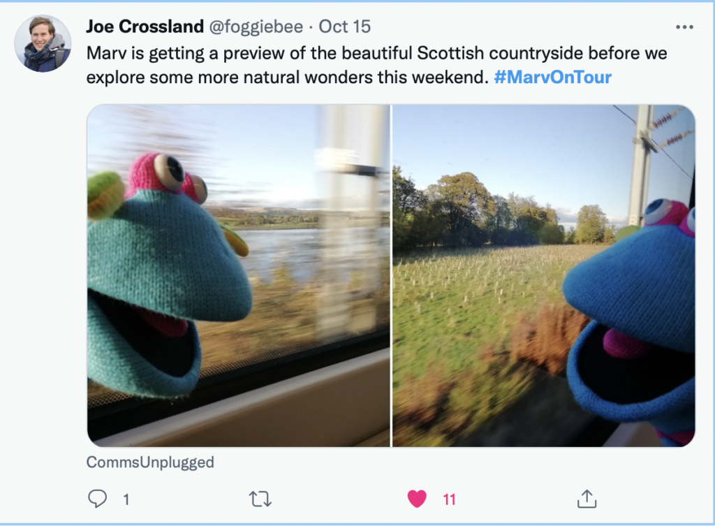 Marv the blue puppet is off on his adventures, shown in Twitter. He's on the train today. 