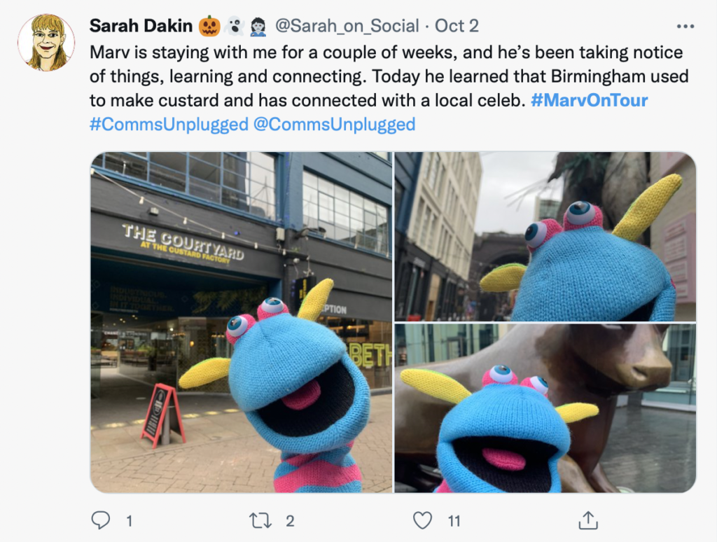 Marv the blue puppet is off on his adventures, shown in Twitter. He's in Birmingham today. 