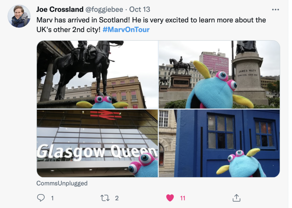 Marv the blue puppet is off on his adventures, shown in Twitter. He's in Glasgow today. 