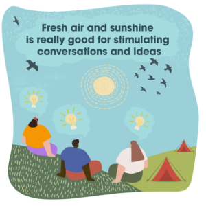 Illustration with groups of people sat on hillside with the wording 'Fresh air and sunshine is really good for conversation and ideas'