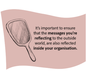 Illustration of mirror on dark pink background with the wording 'It’s important to ensure that the messages you’re reflecting to the outside world, are also reflected inside your organisation'