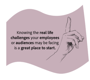 illustration of a hand with finger pointing upwards on a mauve background with the wording 'Knowing the real life challenges your employees or audiences may be facing is a great place to start'