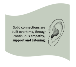 illustration of an ear on an olive green background with the wording 'Solid connections are built over time, through continuous empathy, support and listening.'