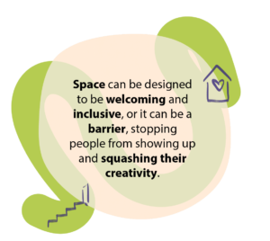 'Space can be designed to be welcoming and inclusive, or it can be a barrier, stopping people from showing up and squashing their creativity' wording in green circle illustration