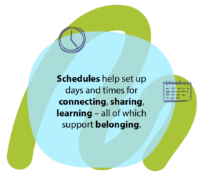 'Schedules help set up days and times for connecting, sharing, learning – all of which support belonging. Ensuring everyone has a regular opportunity to participate is key' wording in blue and green illustration