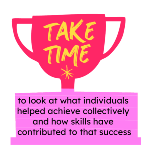 red and pink trophy graphic with the words 'take time to look at what individuals have helped to achieve collectively and how their skills have helped achieve success'
