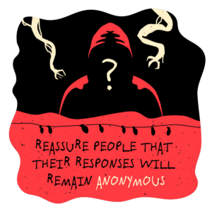 Stranger things inspired roundels in red and black with faceless shadow in cloak with the wording 'reassure people that their responses will remain anonymous'