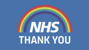 NHS thank you message with rainbow overheard, blue background