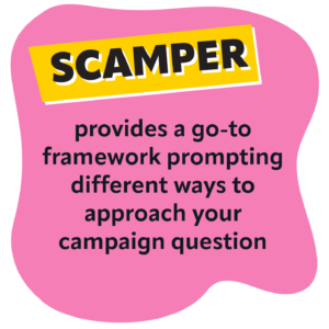 Pink background with yellow pullout box and the wording: SCAMPER provides a go-to framework prompting different ways to approach your campaign question.