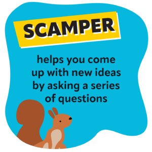 Blue background with yellow pullout box and a squirrel illustration and the wording: SCAMPER helps you come up with new ideas by asking a series of questions.