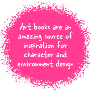 Pink scatter design roundels with the wording 'art books are an amazing source of inspiration for character and environment design.'