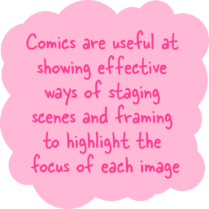 light pink bubble effect roundels with the wording 'comics are useful at showing effective ways of staging scenes and framing to highlight the focus of each image.'