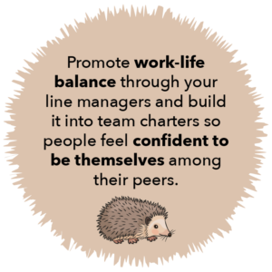 Brown roundel with hedgehog graphic that reads: • Promote work-life balance through your line managers and build it into team charters so people feel confident to be themselves among their peers.