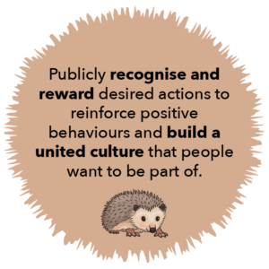 Brown roundel with hedgehog graphic that reads: Publicly recognise and reward desired actions to reinforce positive behaviours and build a united culture that people want to be part of.