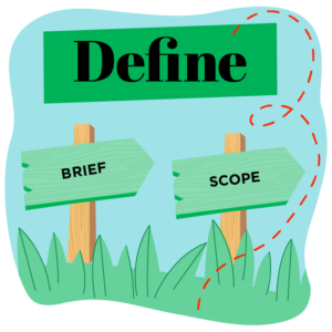 Graphic with 'define' along the top in green box / black text with arrows on wooden posts that say 'brief' and 'scope' underneath pointing right