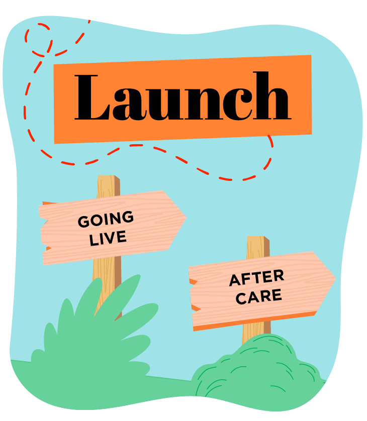 Graphic with 'launch' along the top in orange box / black text with arrows on wooden posts that say 'going live and 'aftercare'' underneath pointing right