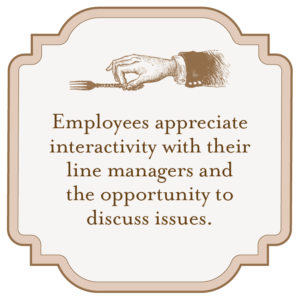 Victorian style sepia effect illustration of a hand and a fork outstretched with the words 'Employees appreciate interactivity with their line managers and the opportunity to discuss issues.'