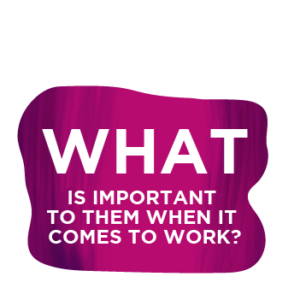 Purple and pink graduated background roundel with the wording, 'what is important to them when it comes to work?'