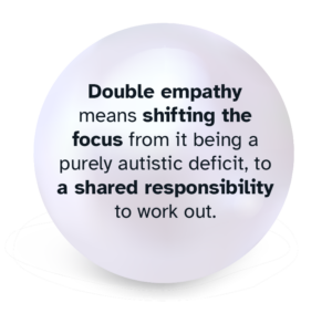 Pearl graphic with 'double empathy means shifting the focus from it being a purely autistic deficit, to a shared responsibility to work out.'
