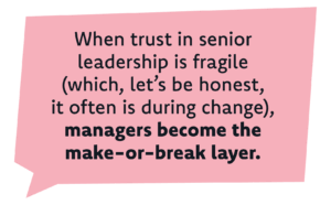 When trust in senior leadership is fragile (which, let’s be honest, it often is during change), managers become the make-or-break layer.